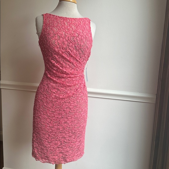 Aidan Mattox Beaded Fitted Ruched Cocktail Dress Pink lace Sleeveless Size 4 NWT - Picture 2 of 7